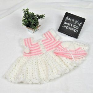 Heirloom Dress & Matching Bonnet Hand Crochet Pink & White Baby Girl